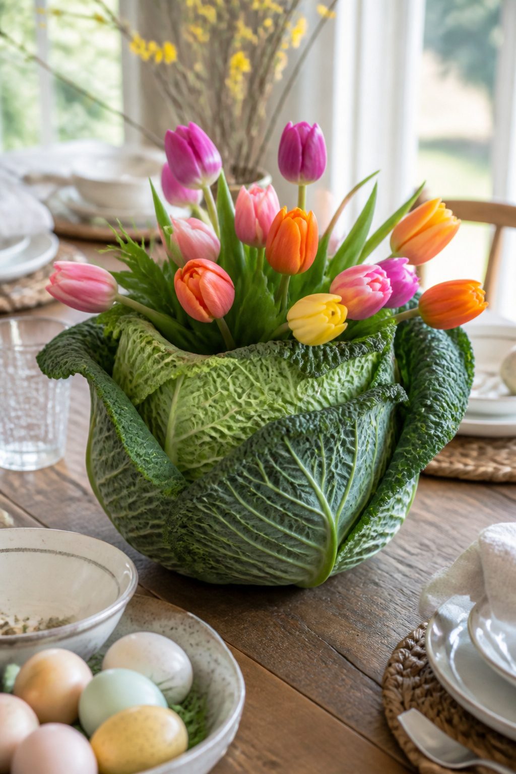 Cabbage vase packed with tulips as a centerpiece.