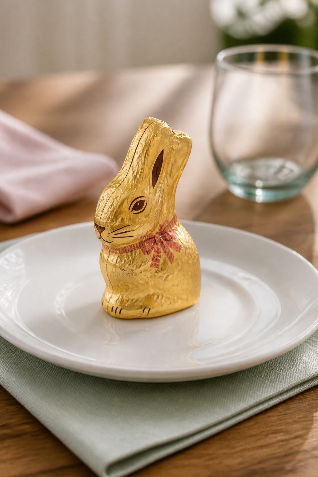 Chocolate bunnies placed on plates as place cards.