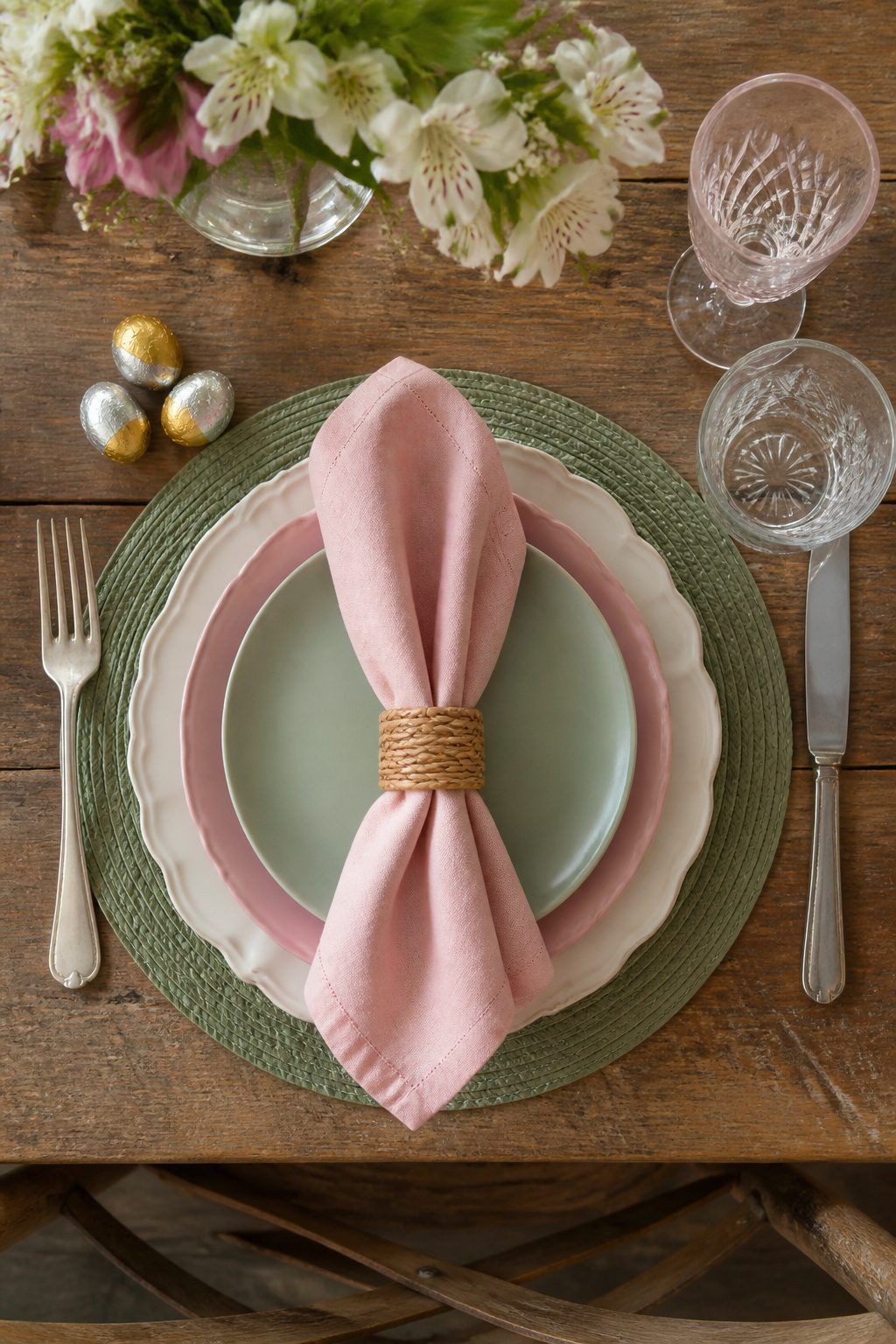 Foil-wrapped chocolate eggs arranged on plates.