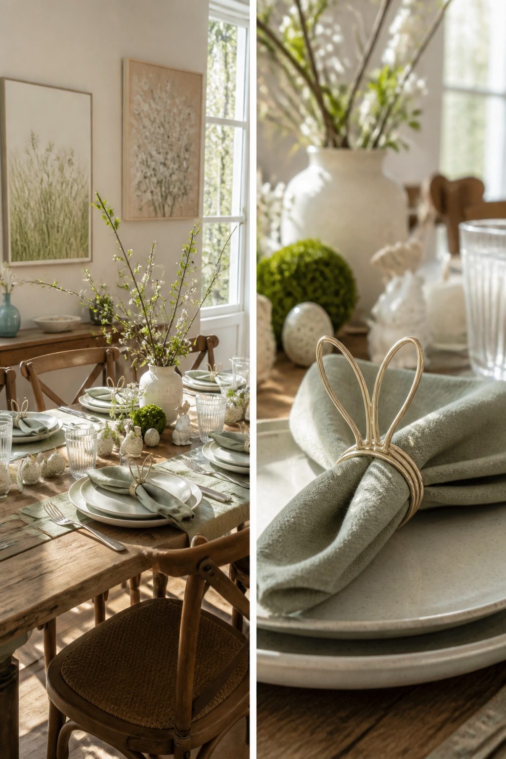 Wire napkin rings shaped like bunnies placed on napkins.