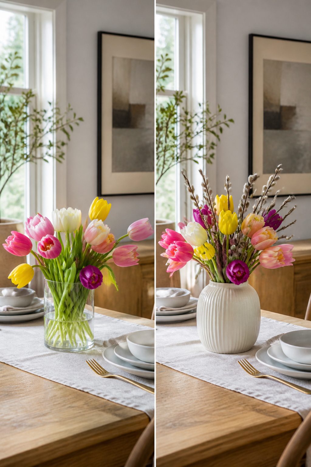 Real-touch tulips mixed with fresh greenery on a table.