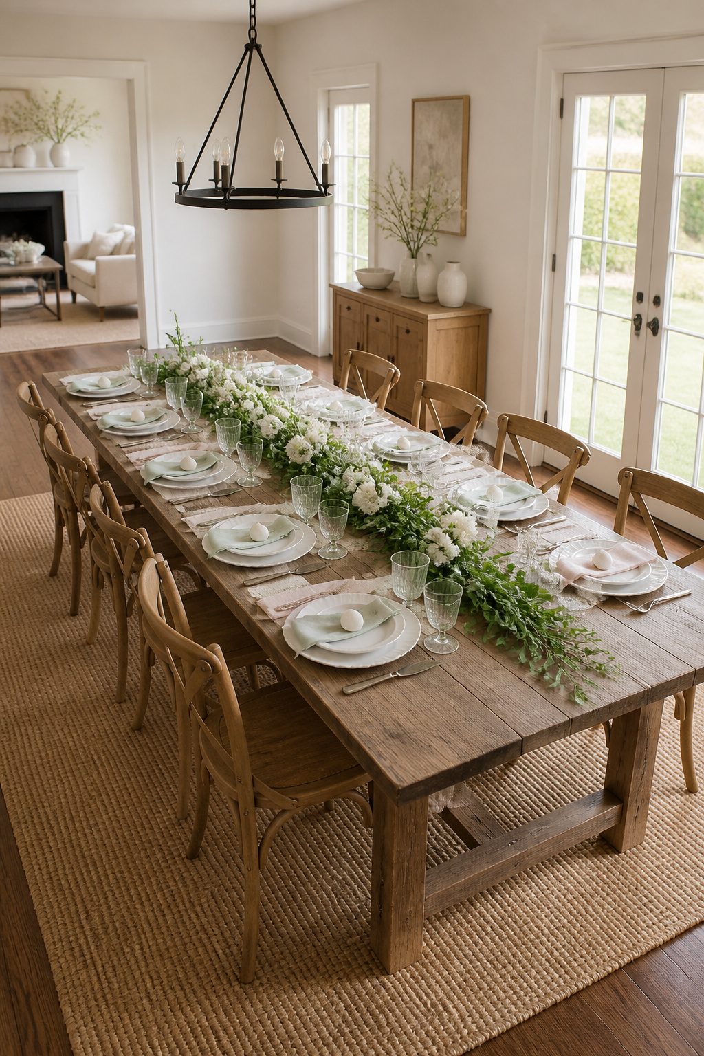 Greenery garland with white flowers arranged on a table.