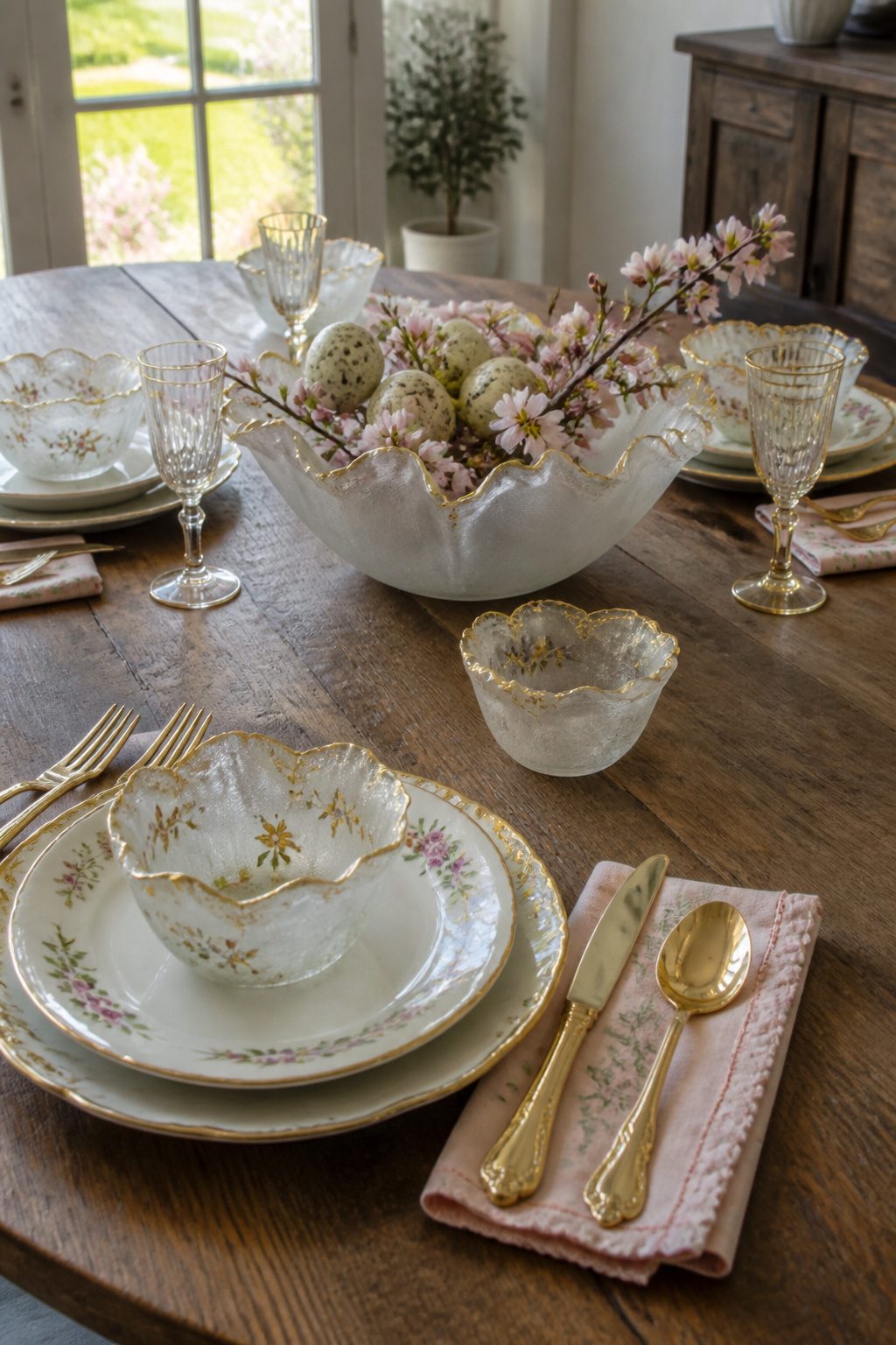 Frosted glass poppy bowls with gold accents filled with eggs and flowers.