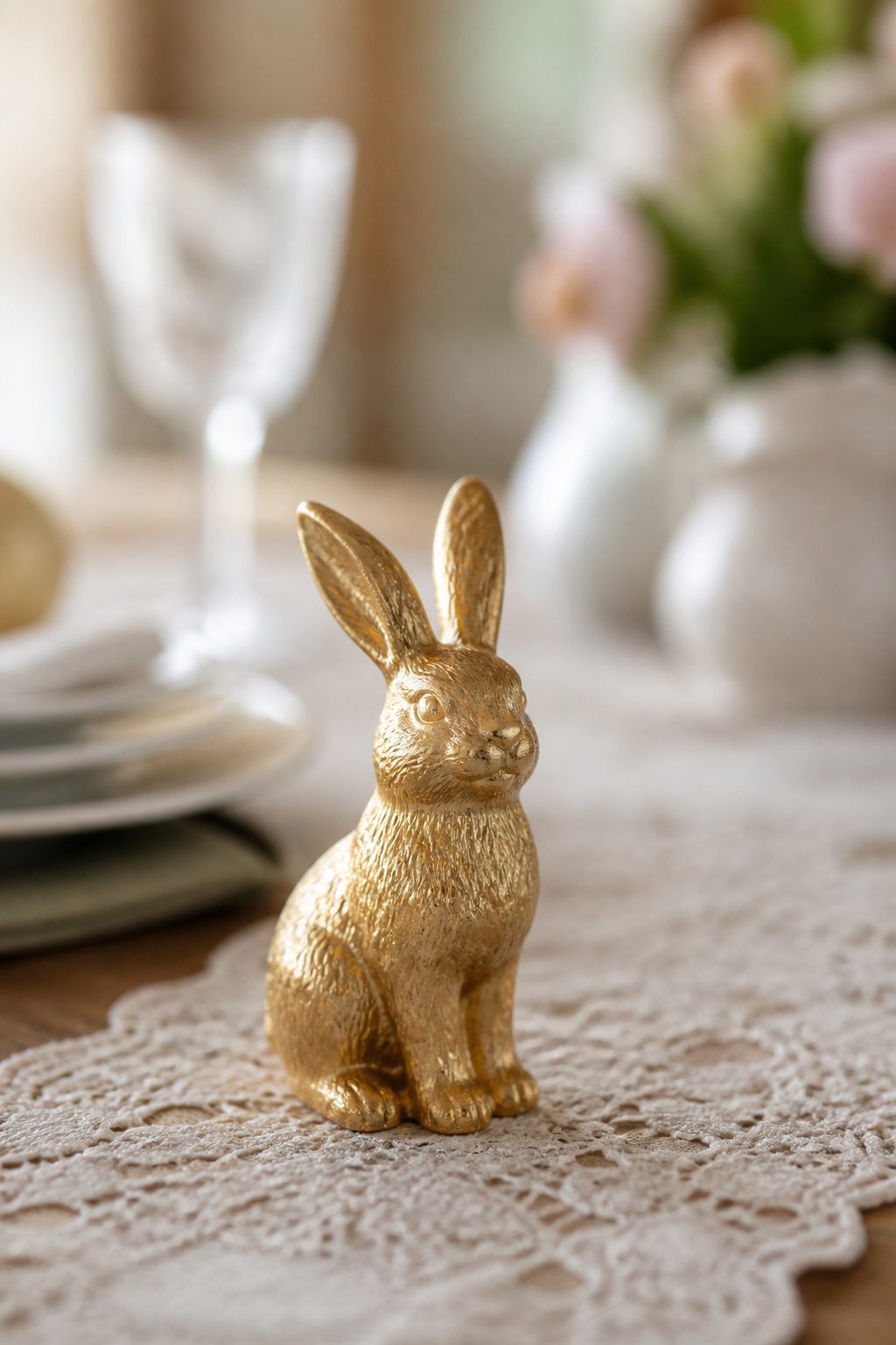 Small bunny figurines in gold placed on the table.