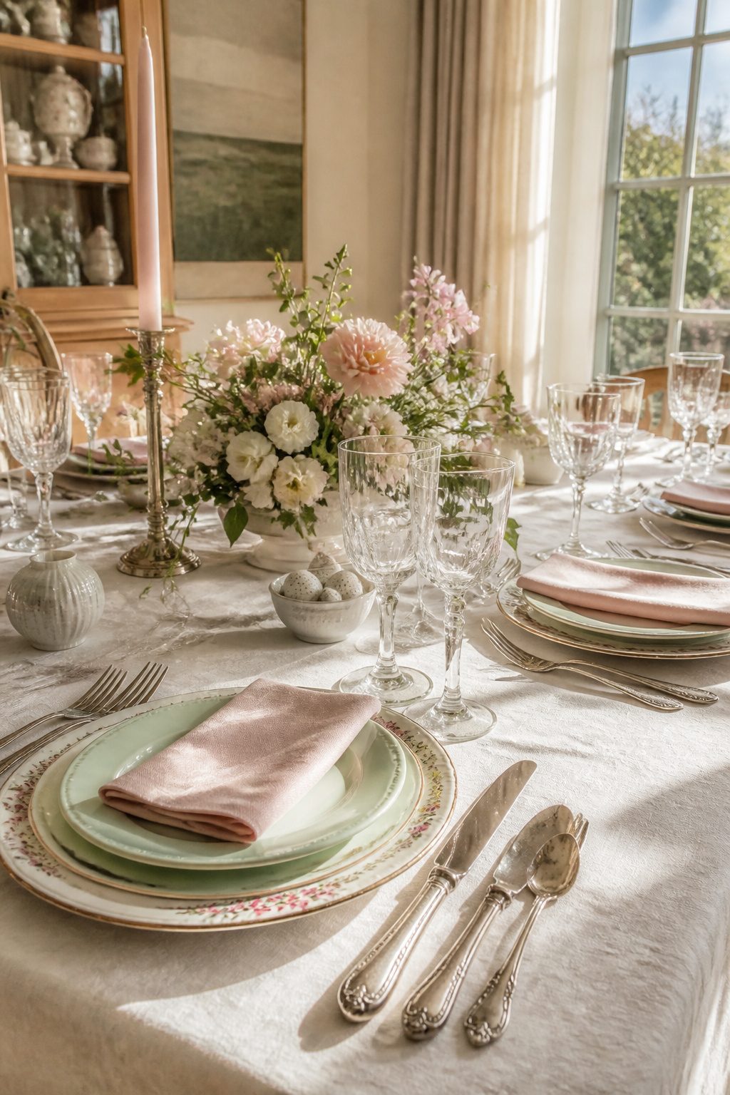 Antique silver flatware neatly arranged next to pastel plates.