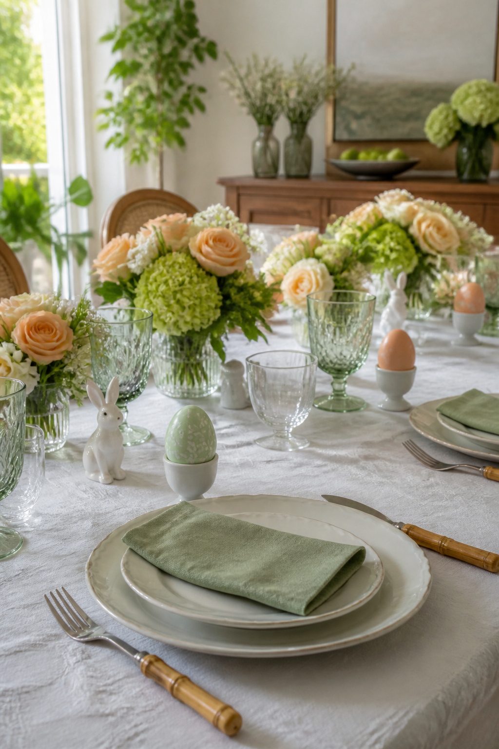 Hand-painted egg place cards displayed in ceramic egg cups.