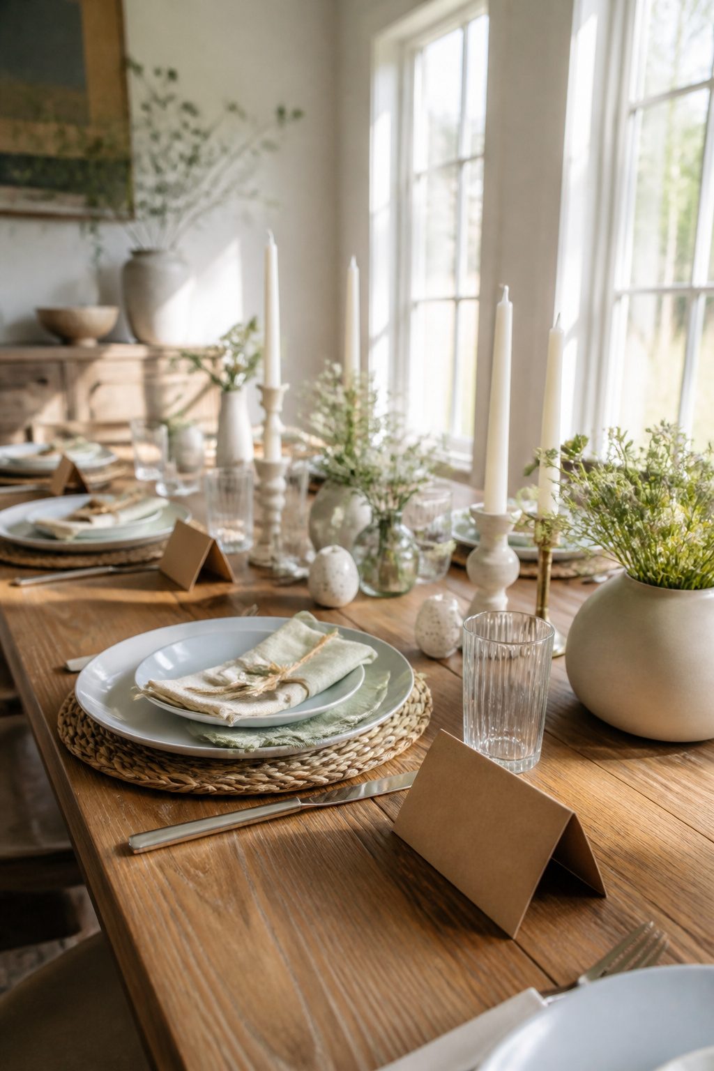 Handwritten place cards displayed next to dinnerware.