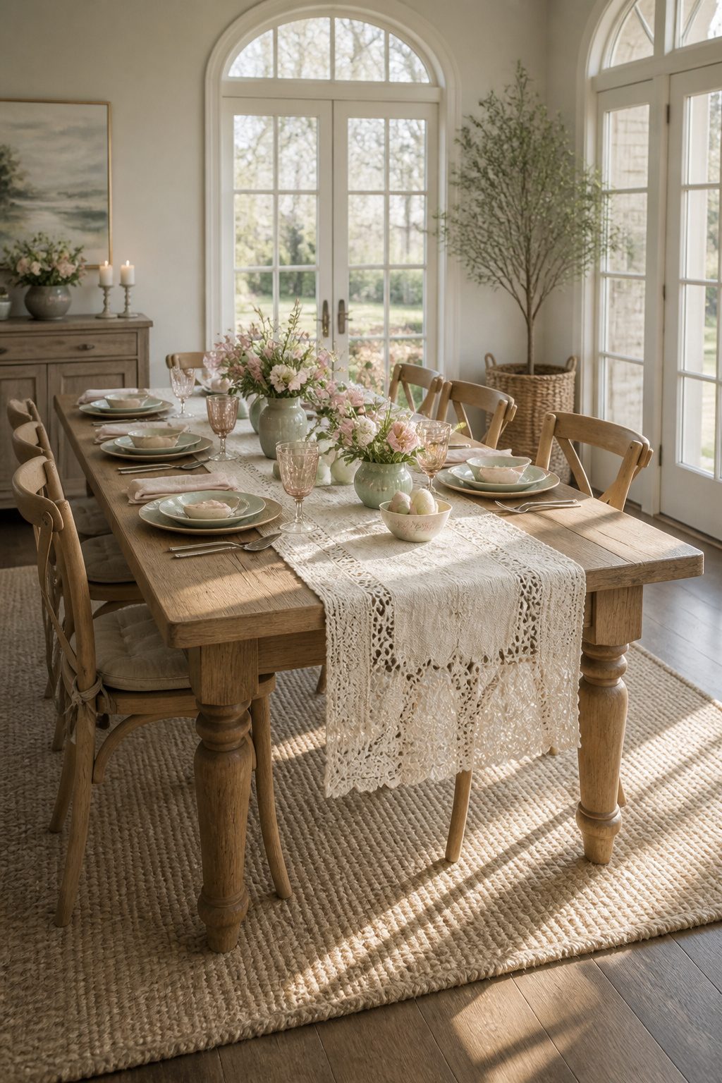 Lace table runner draped over a wooden table.