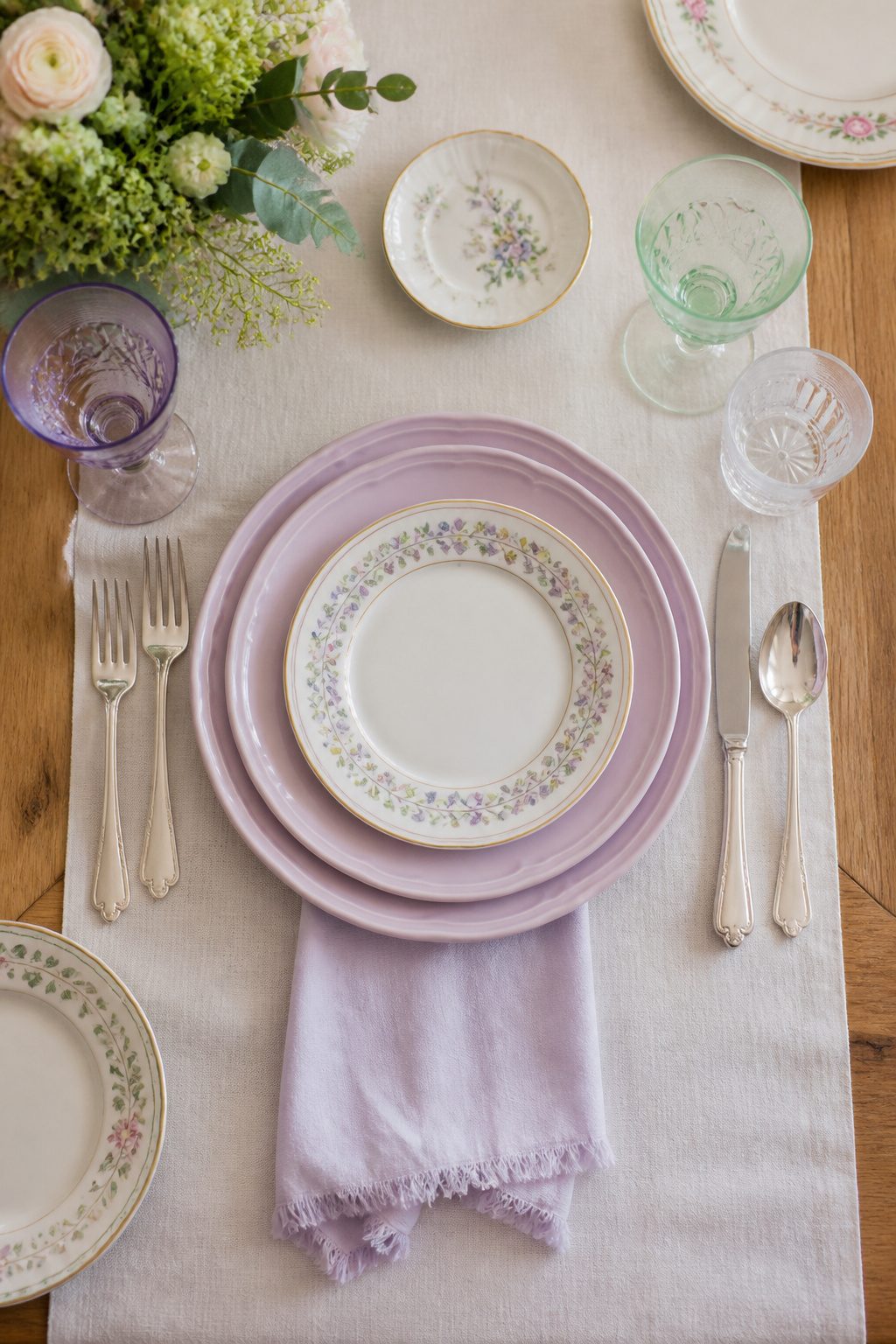 Stacked pastel dinner and salad plates arranged on a table.