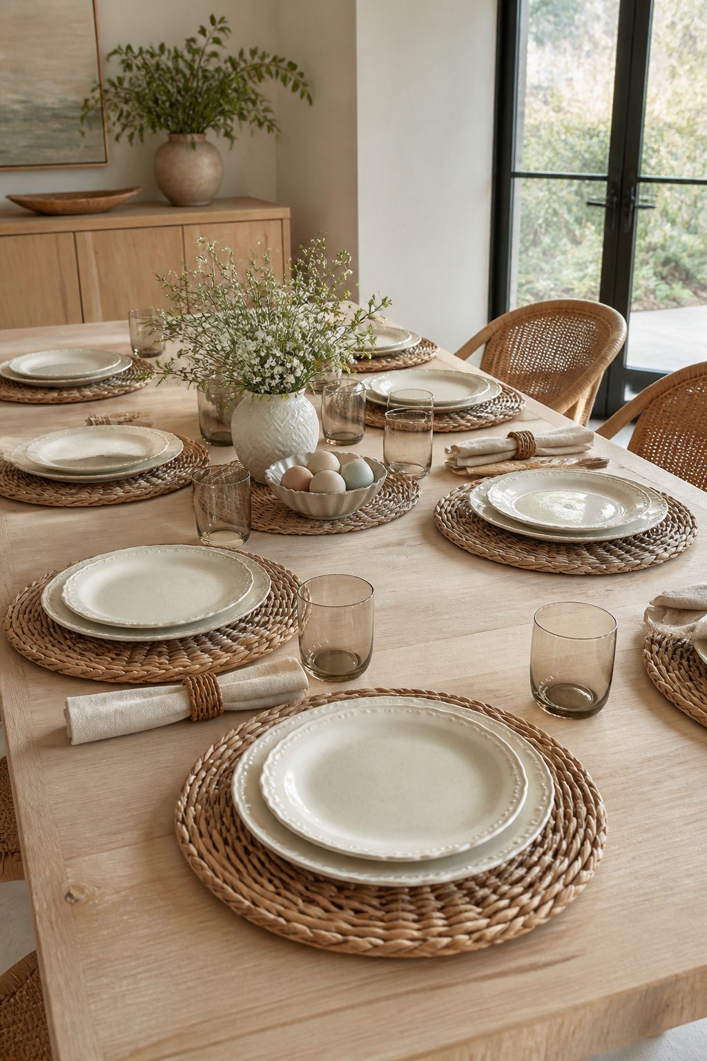 Rattan chargers placed under dinner plates on a table.