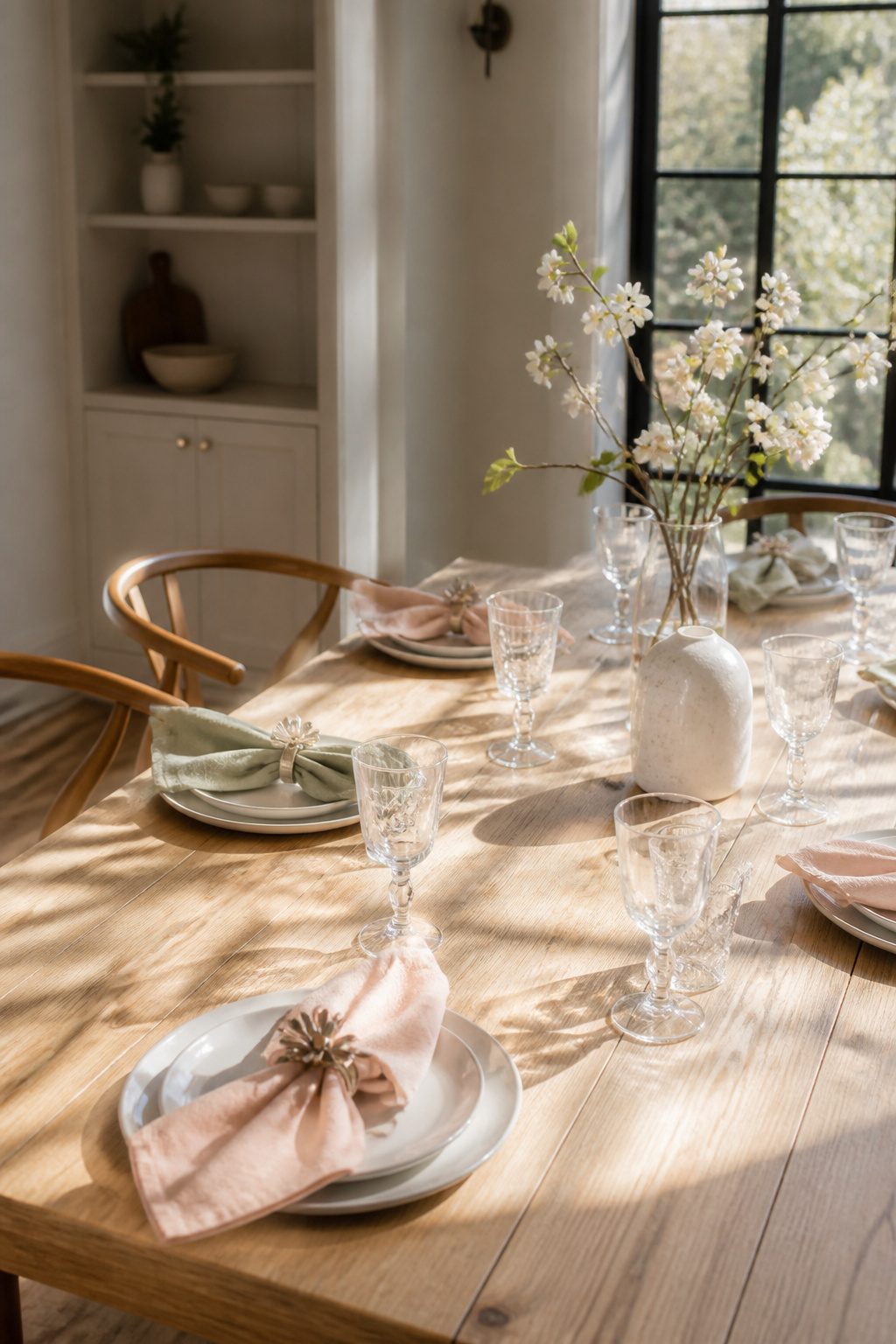 Linen napkins in blush and sage colors resting on a white table setting.