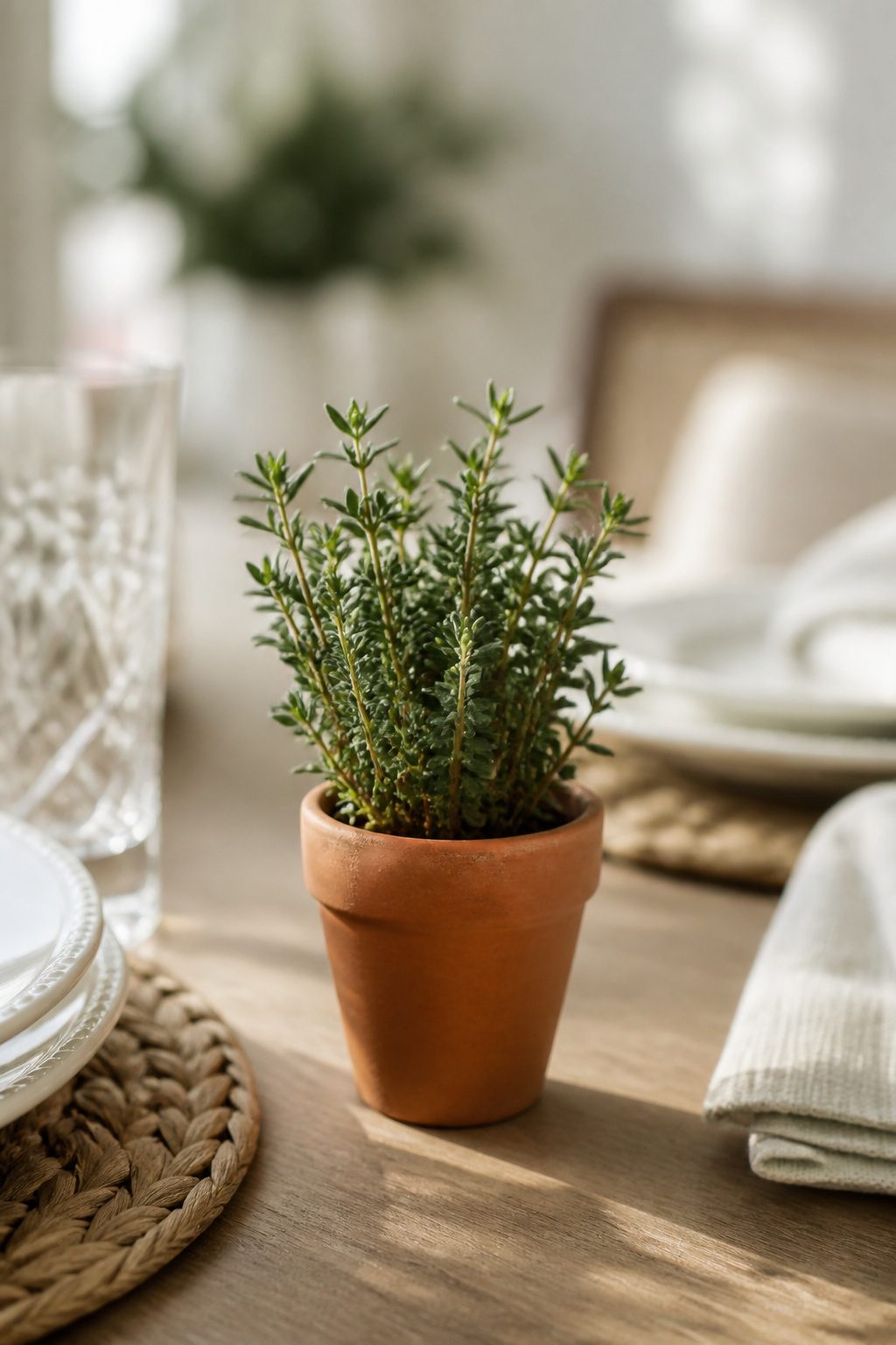 Small pots of herbs placed at each place setting.