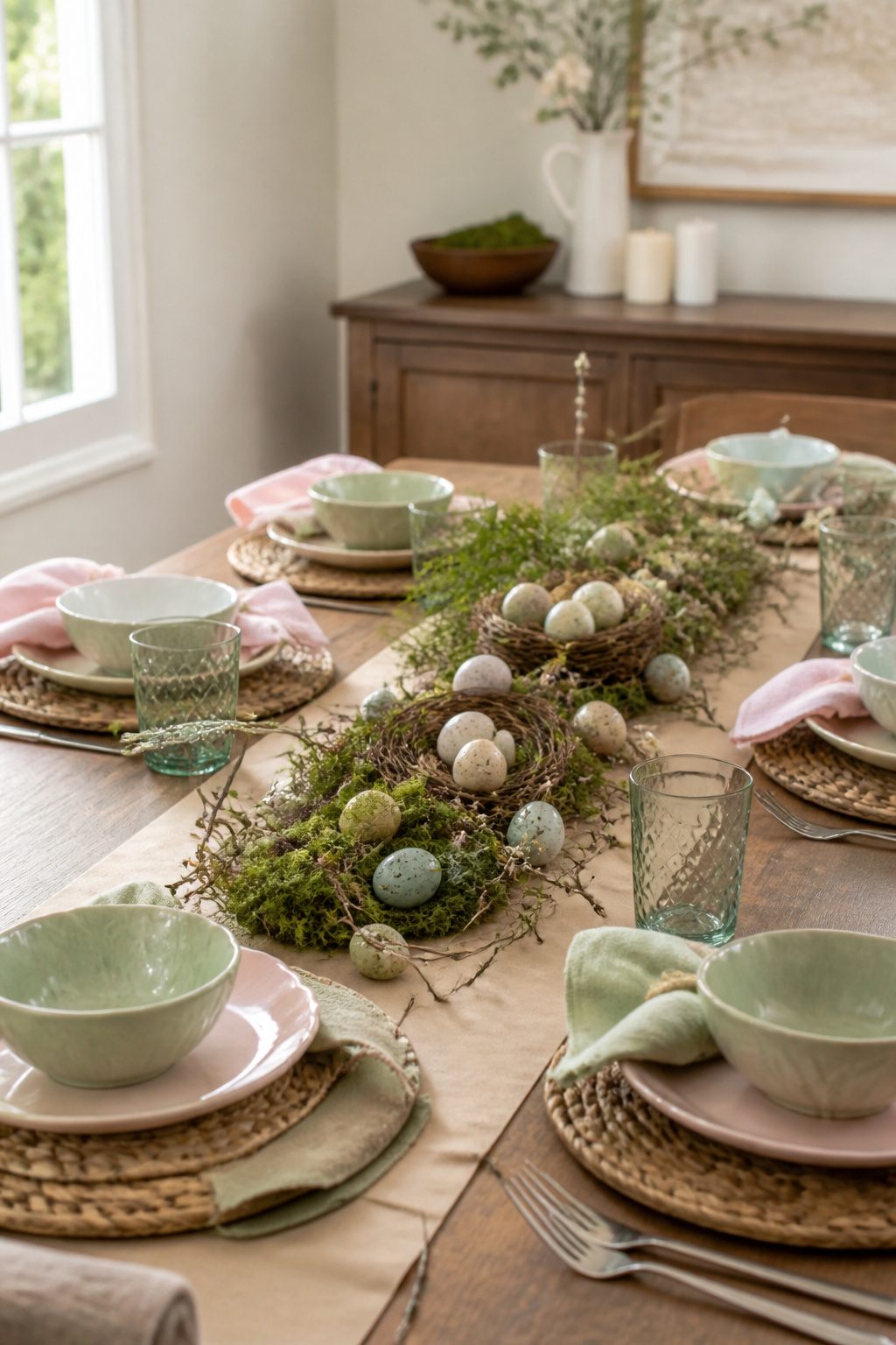 Anchored moss and twigs arranged on a kraft paper runner.