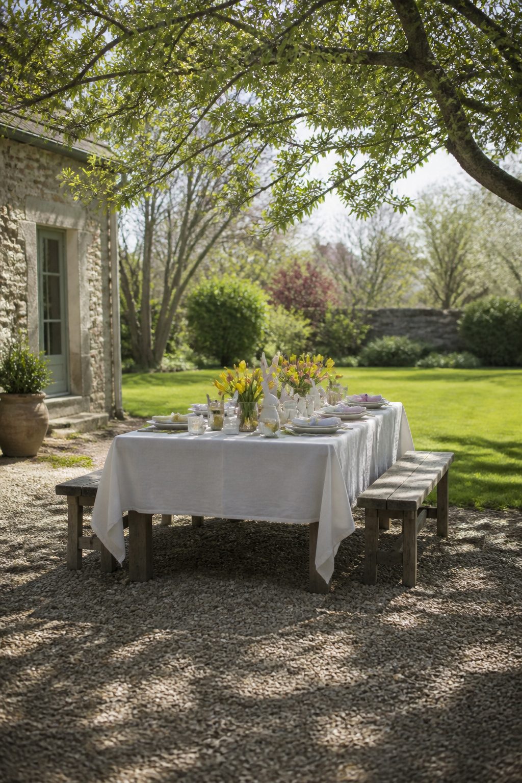 Tablecloth secured with glass votive holders on an outdoor table.
