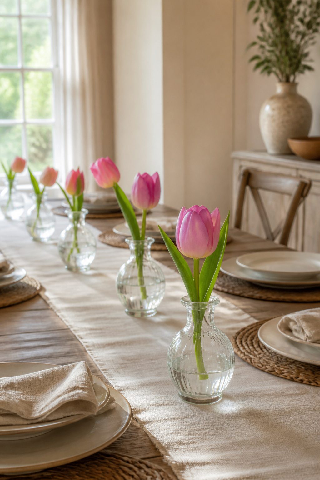 Small bud vases holding tulips at each place setting.