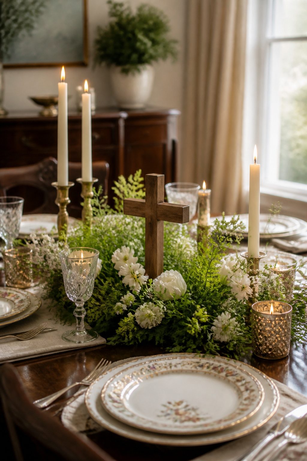 Wooden cross nestled among greenery on a table.