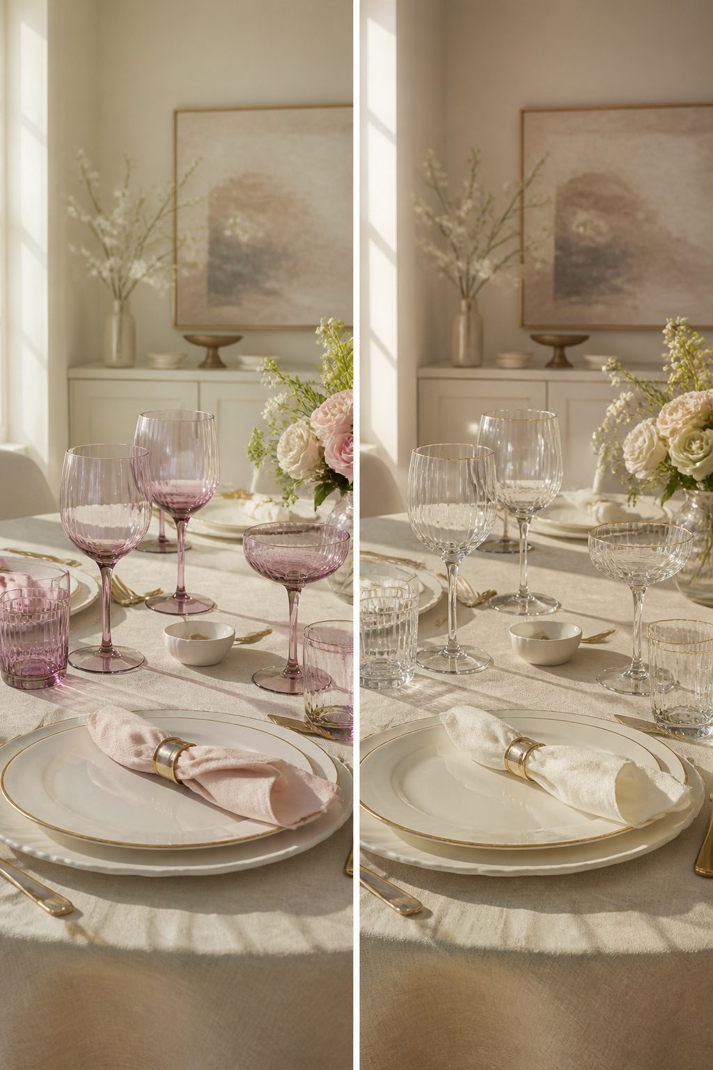 Blush-tinted glasses arranged on a table setting.