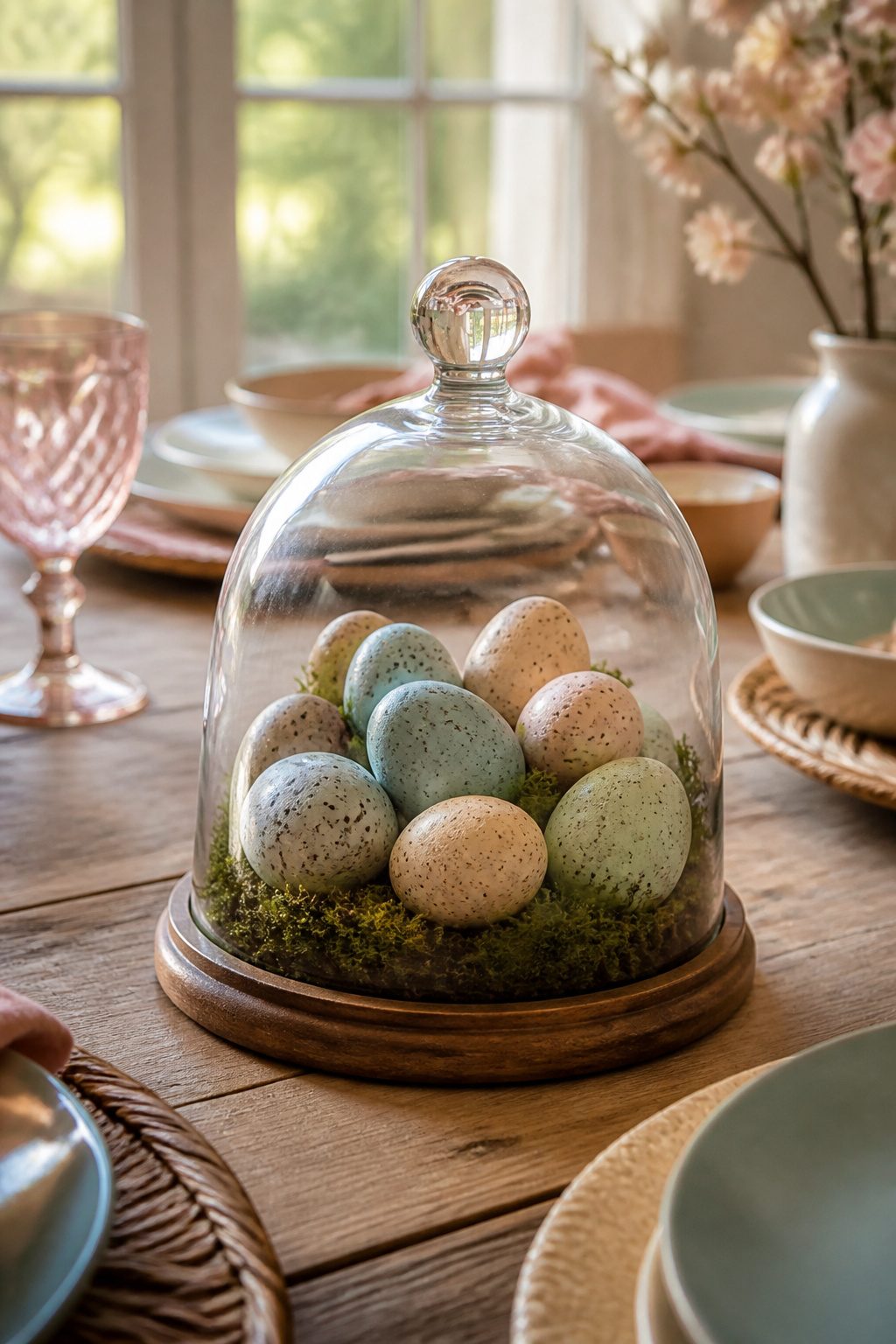 Glass cloche containing speckled eggs displayed on a table.