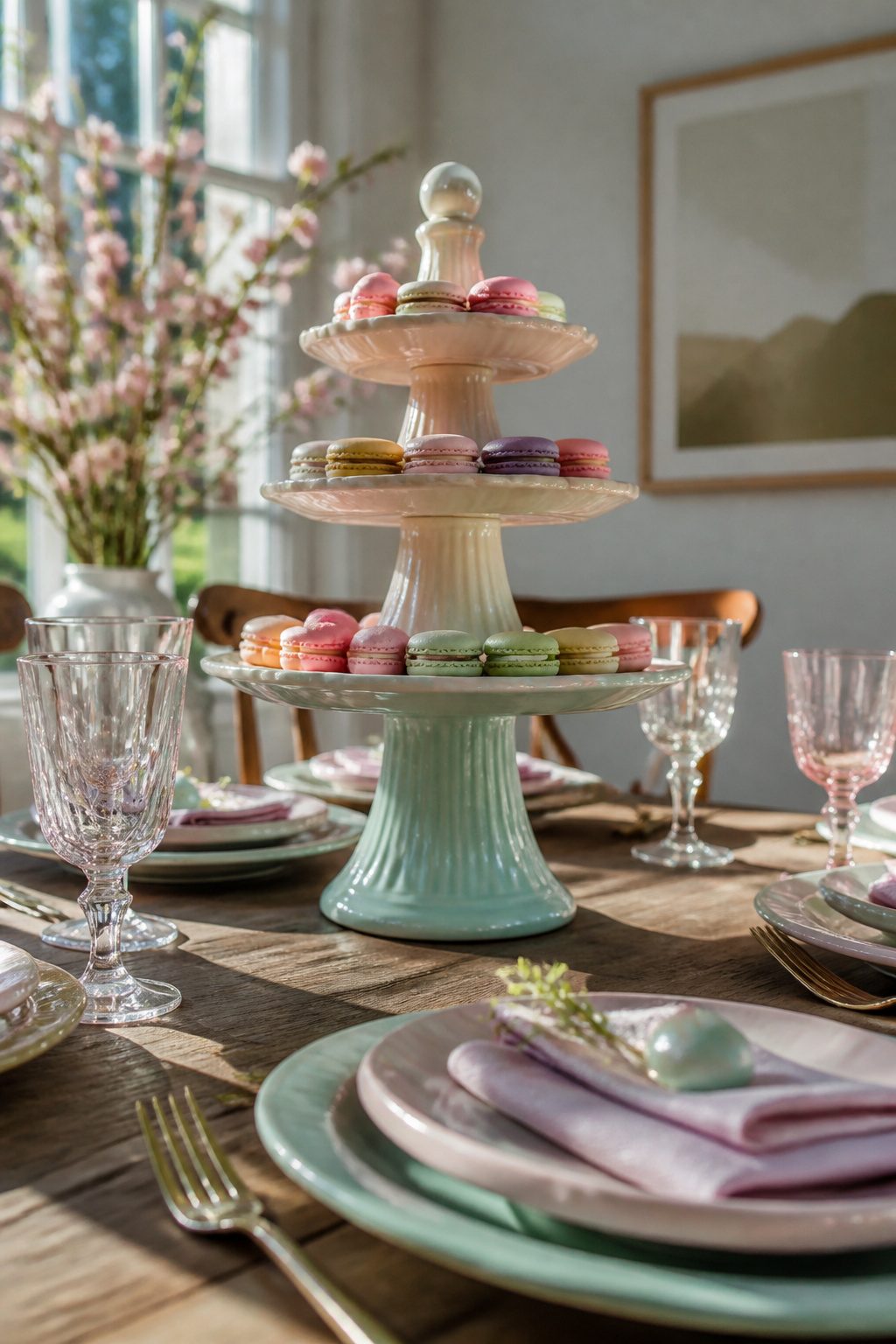 Three stacked cake stands holding macarons on a table.