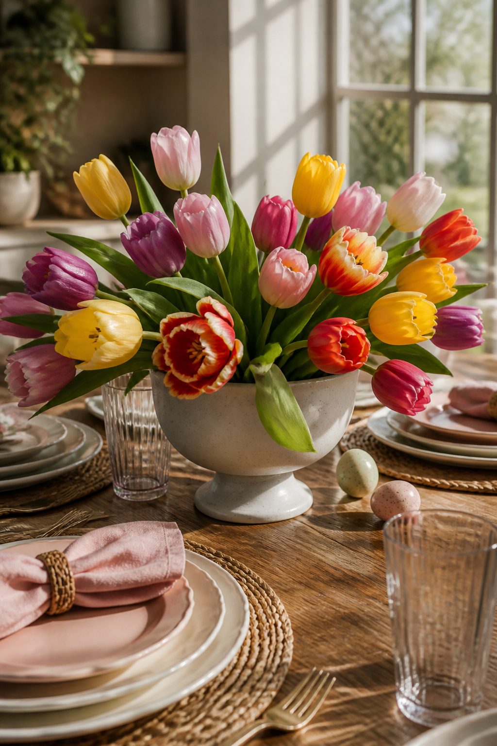 Footed bowl filled with tulips displayed on the table.