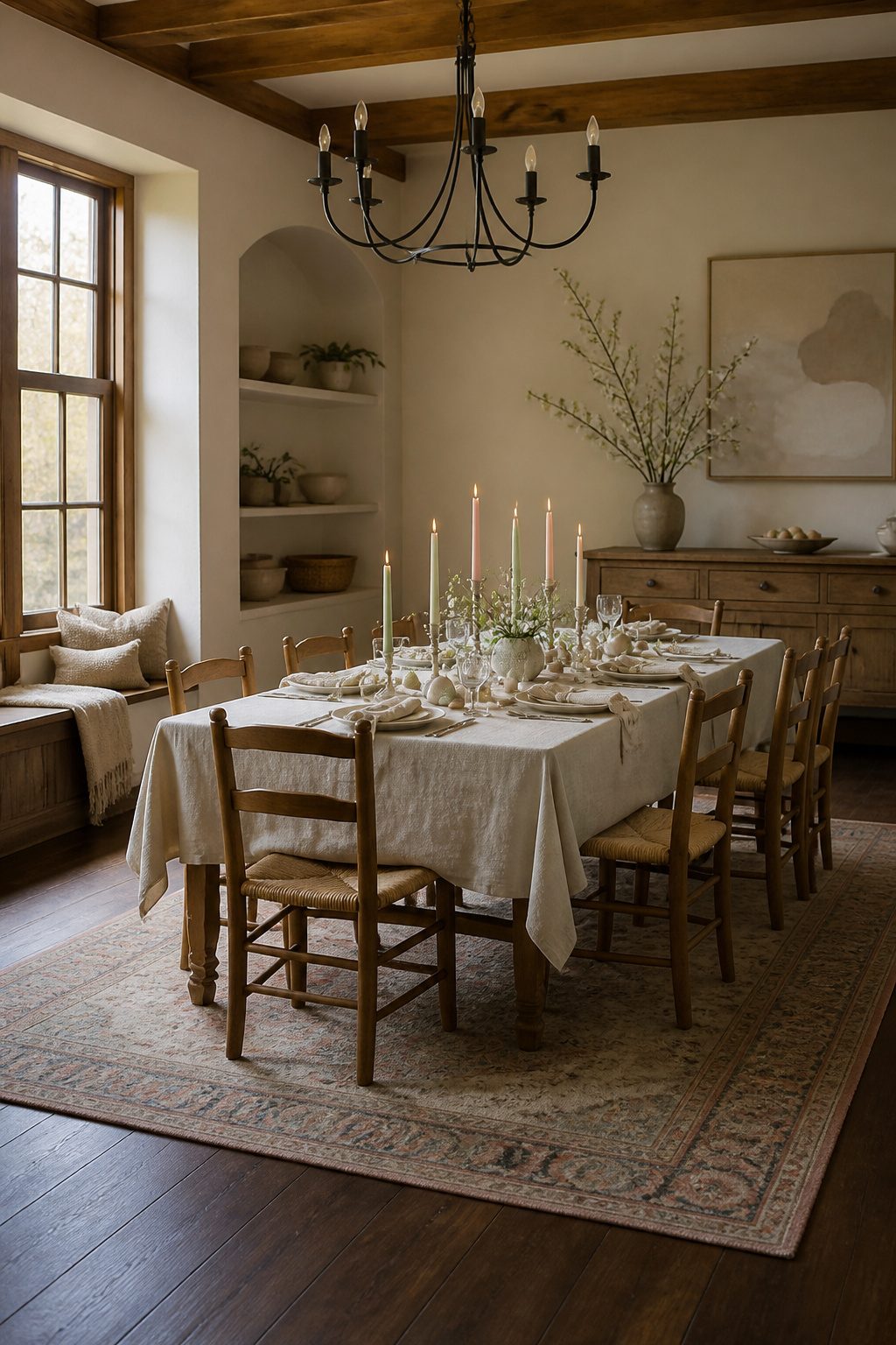 Taper candles in spring colors placed on a table.