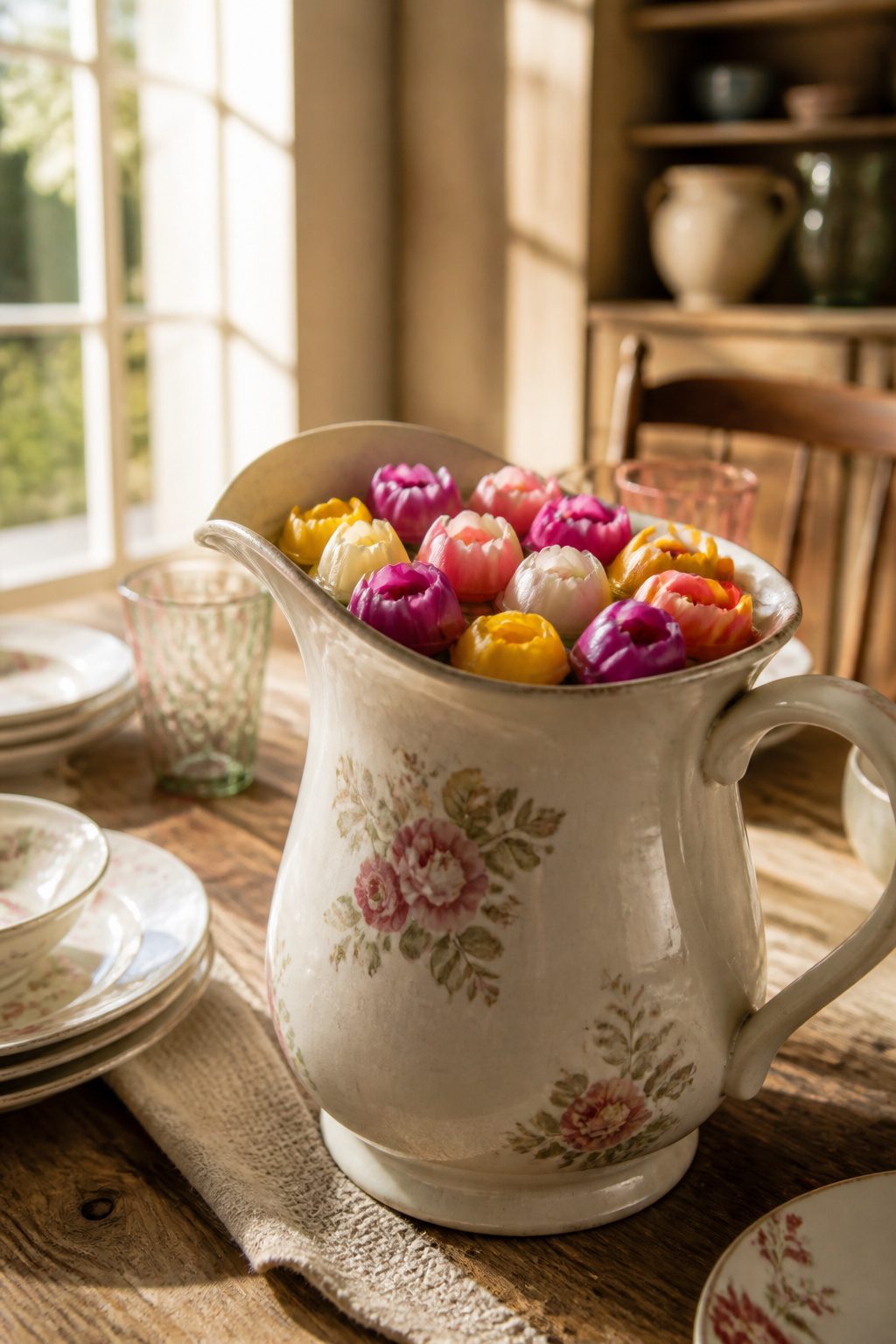 Vintage pitcher with floating tulips displayed on a table.