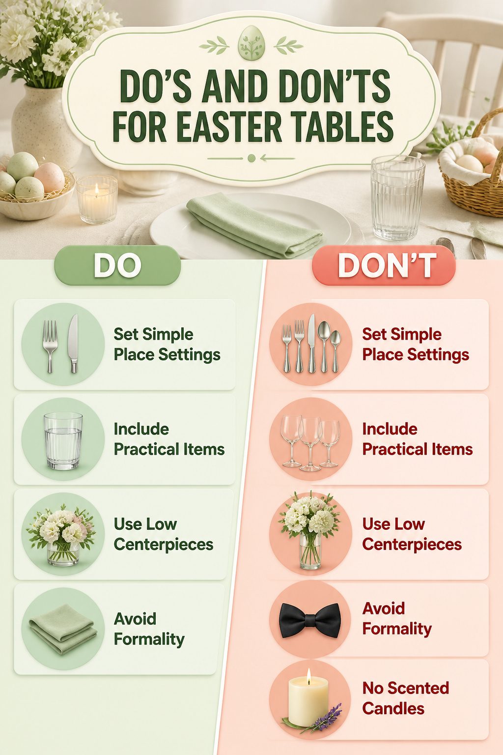 Do's and don'ts for setting an Easter table displayed.