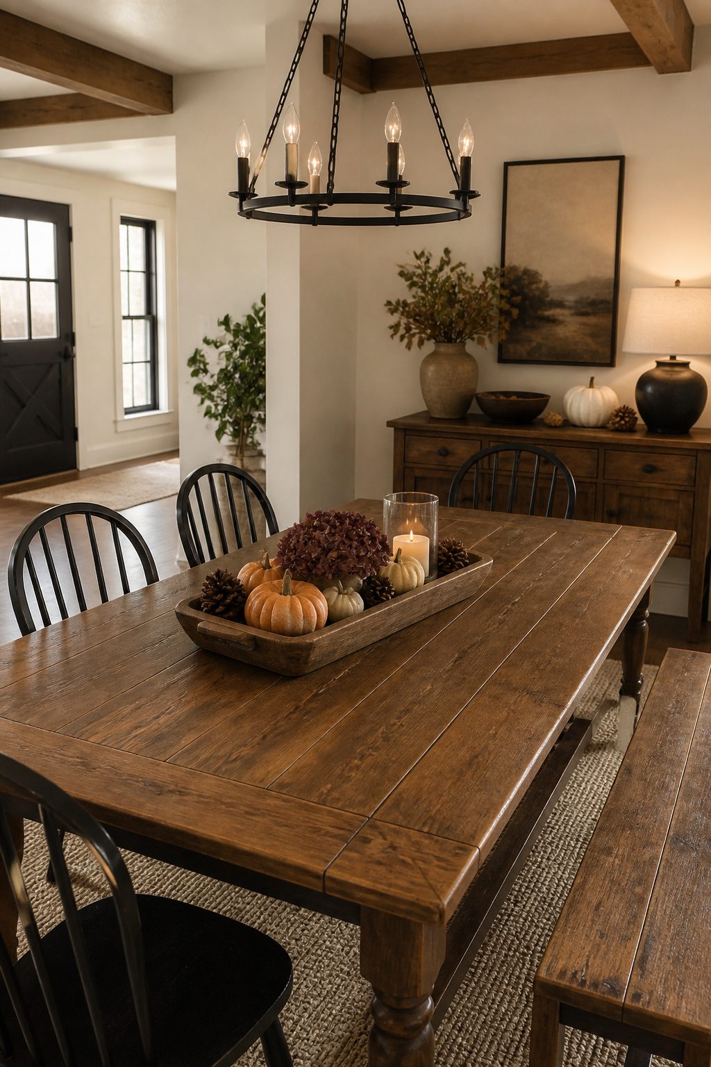 8 Easy Fall Decorating Ideas for a Cozy Home in 2026 8 A wooden dough bowl with mini pumpkins and pinecones on a table.