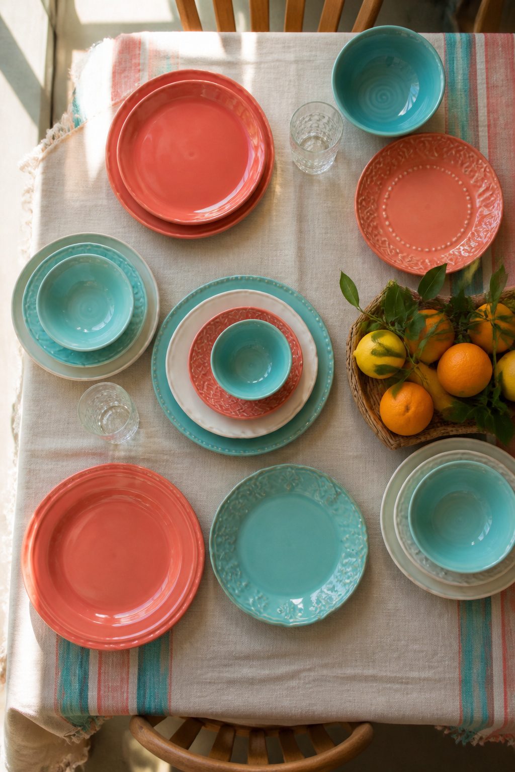 Mismatched coral and turquoise dinner plates stacked on a cabinet.