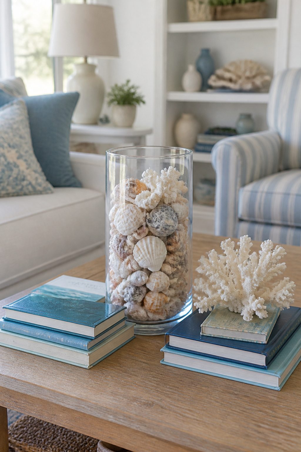 A glass vase filled with seashells on a wooden coffee table.