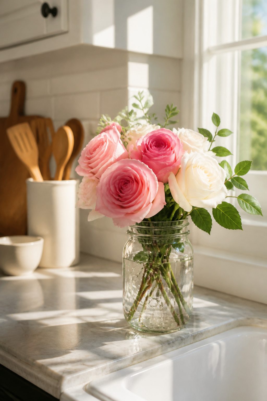A mason jar filled with roses and greenery on a kitchen sink.
