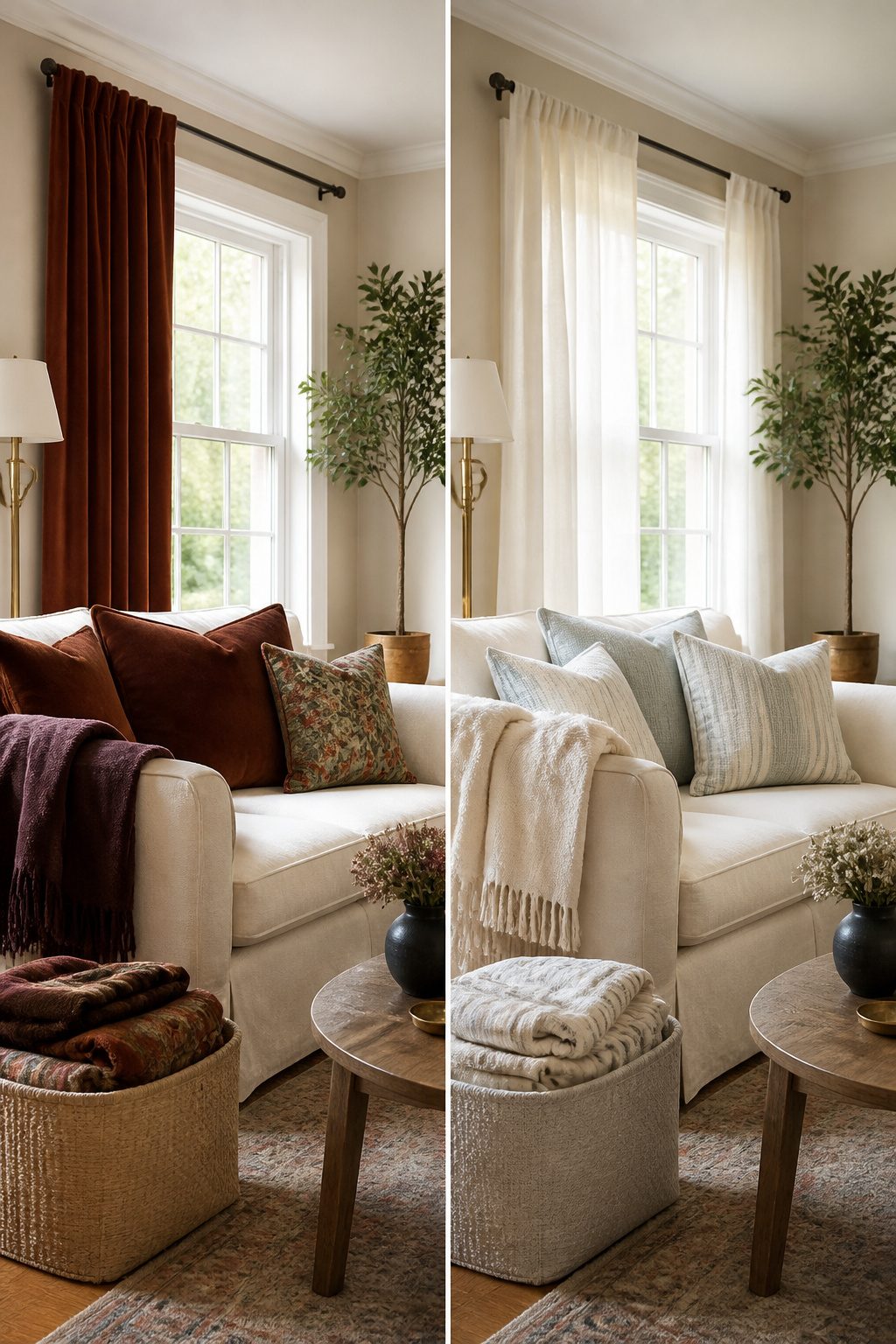 Cotton and linen throw pillows and curtains in a living room.