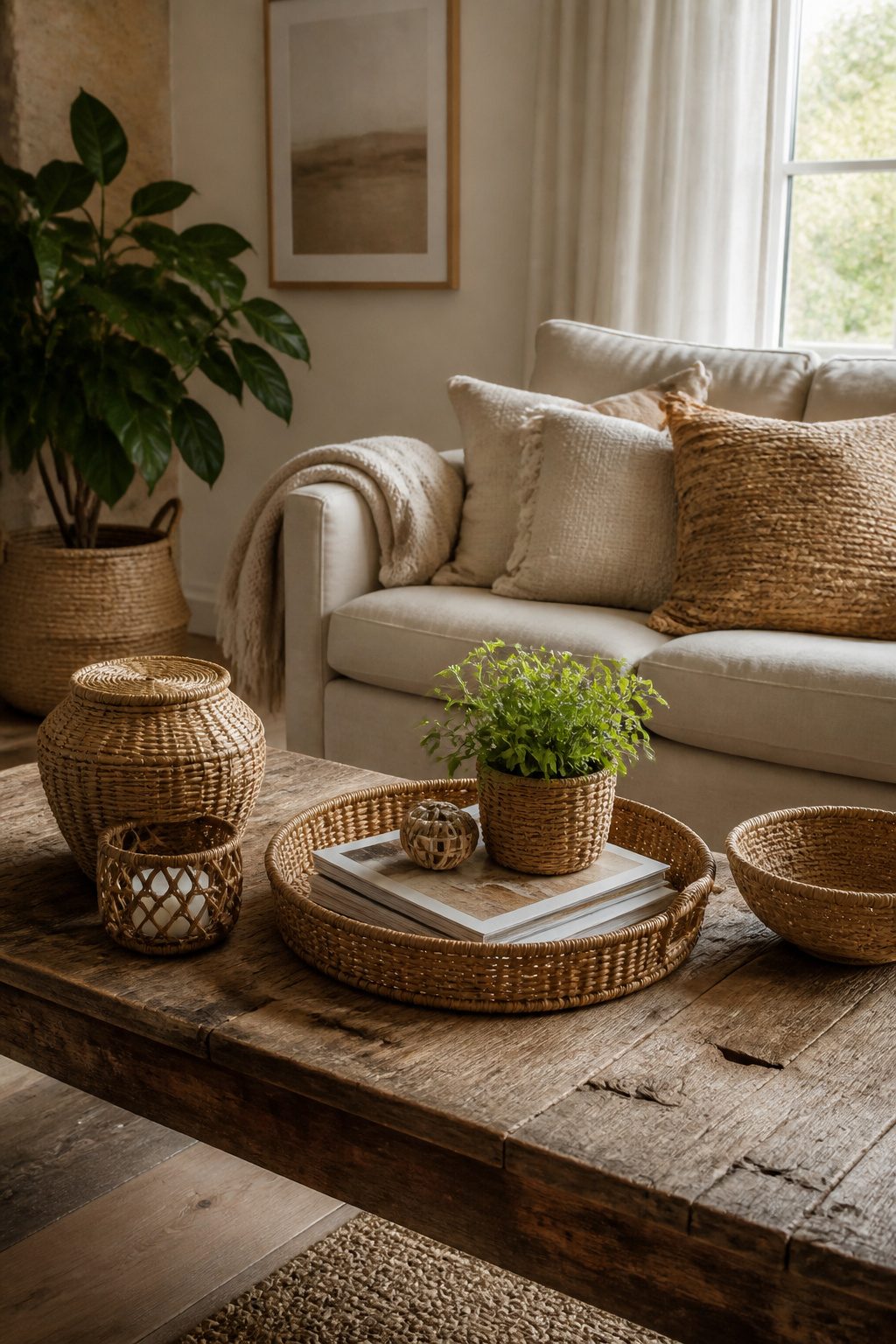 A rustic coffee table with wicker and rattan decor items.