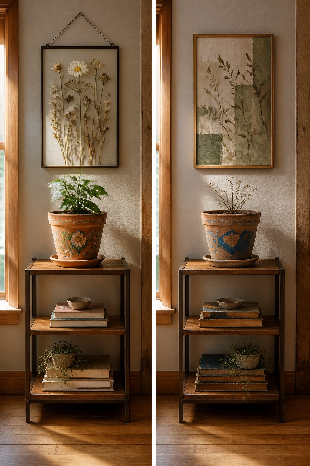 Terracotta pots painted and framed pressed wildflowers.