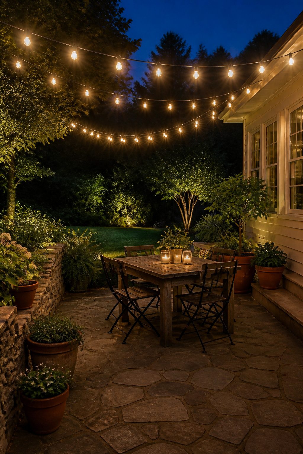 String lights hanging over a patio area.