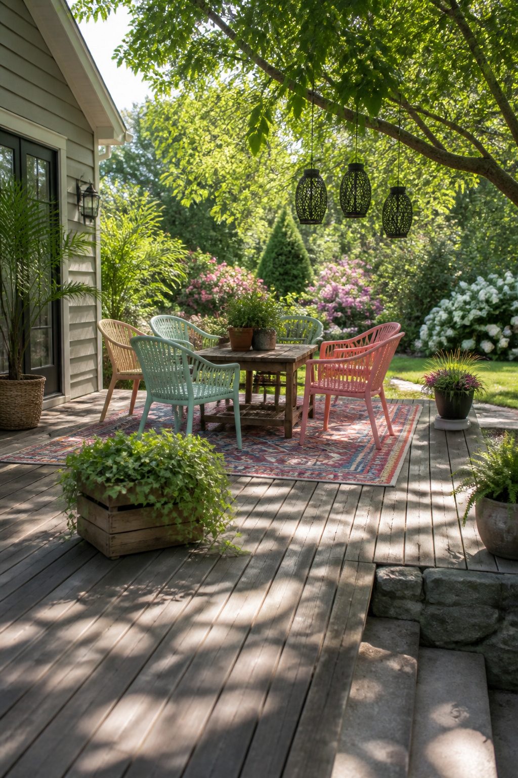 An outdoor rug on a patio with furniture.