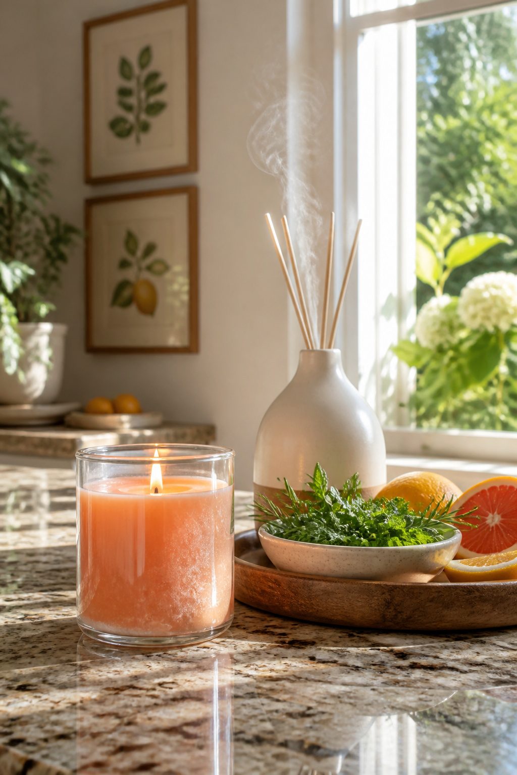 A candle and diffuser on a kitchen countertop.