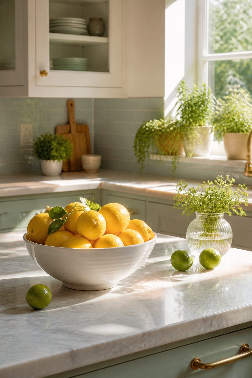 A white ceramic bowl filled with yellow lemons on a kitchen counter.