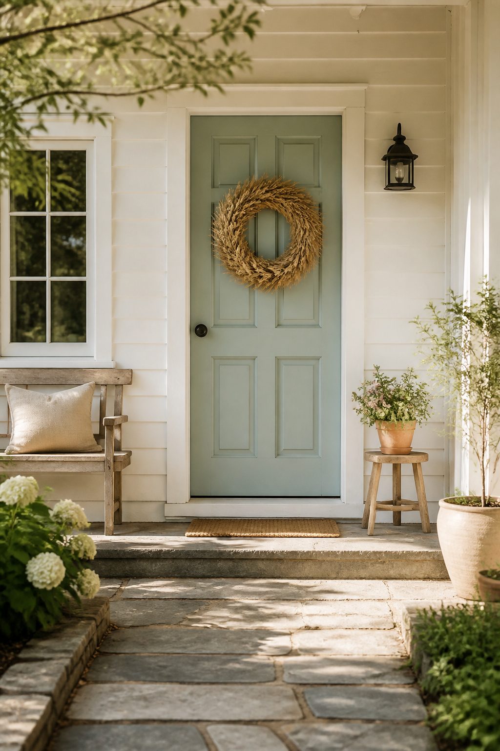 A handmade summer wreath made of dried rye grass hanging on a door.