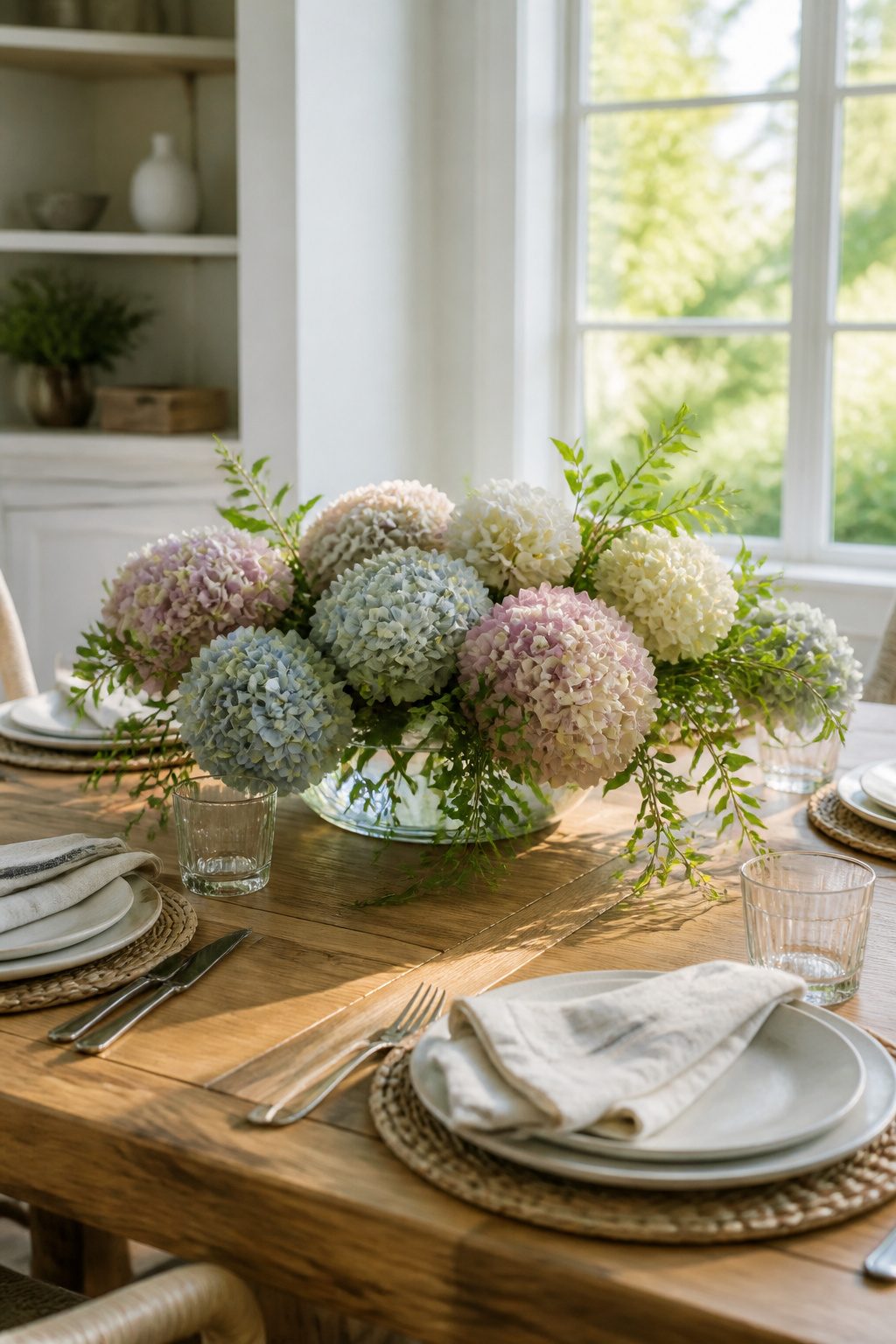 A low glass vase filled with pastel hydrangeas on a dining table.
