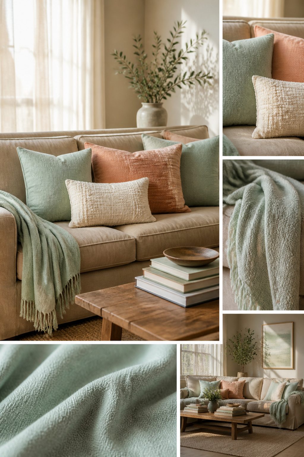 Light cotton throw pillows on a sofa in a living room.