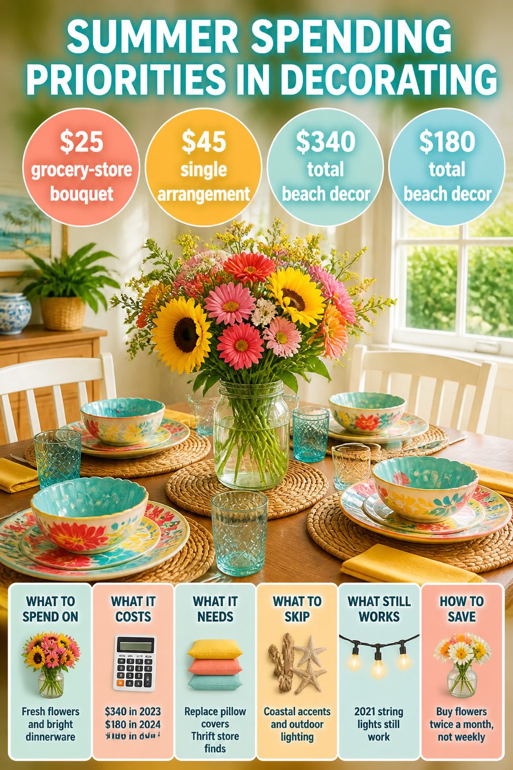 A checklist showing summer spending priorities for decorating.
