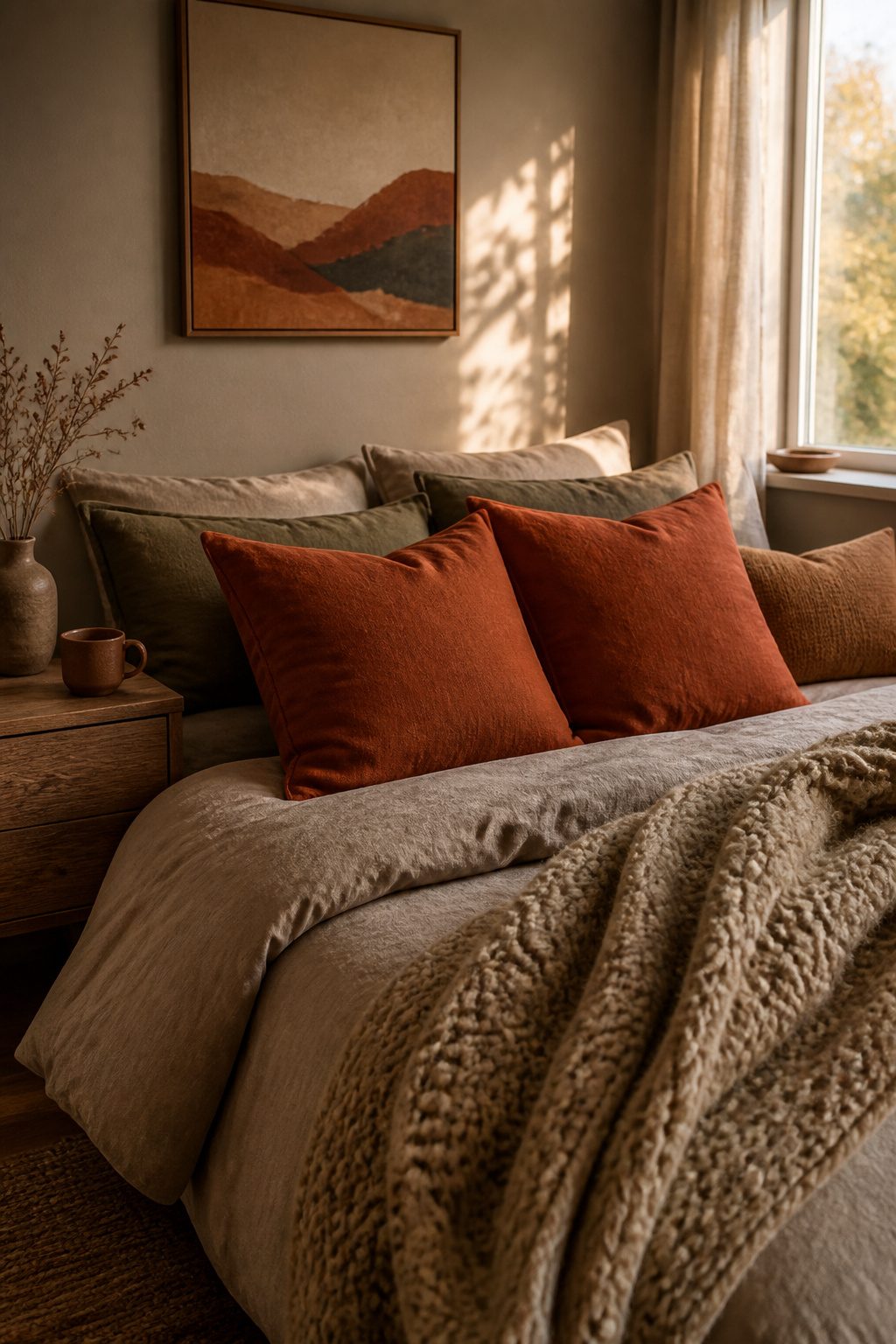 Pillows in terracotta and warm taupe arranged on a bed.