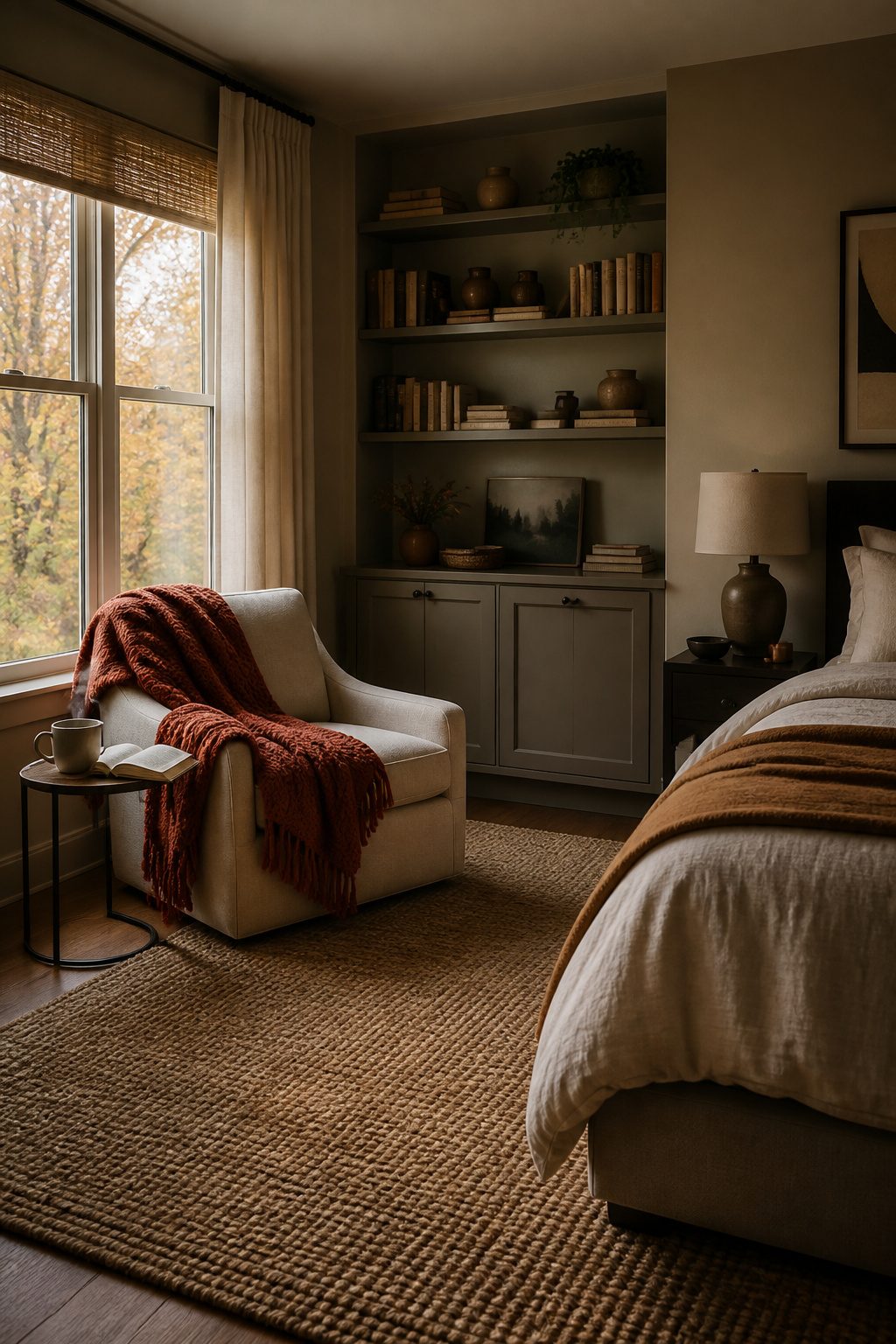 A cozy reading nook with an upholstered chair and throw blanket.