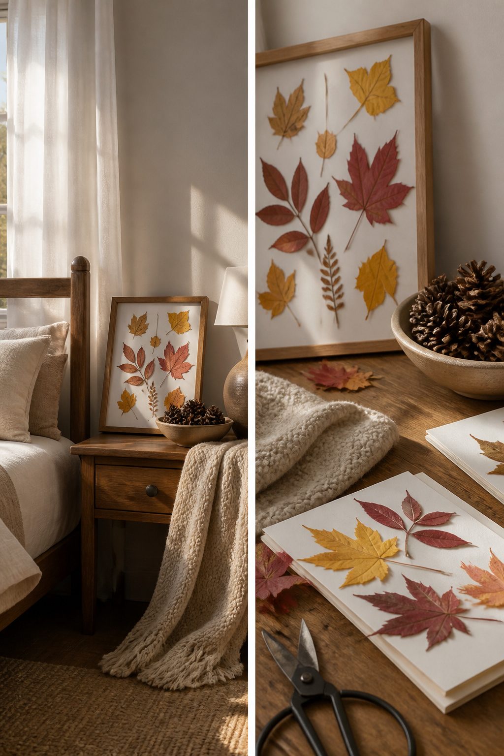 Pressed leaves displayed in dollar-store frames on a nightstand.
