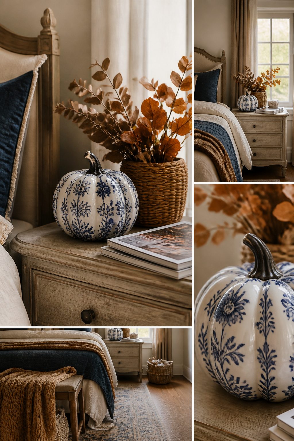 A ceramic pumpkin on a nightstand surrounded by dried stems.