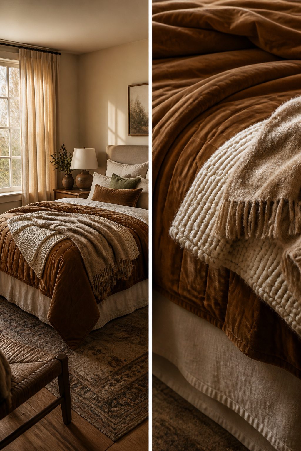 A bed with layered bedding including a velvet quilt and chunky knit throw.