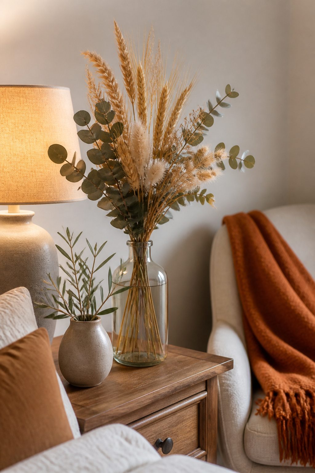 Dried branches arranged in a vase on a bedside table.