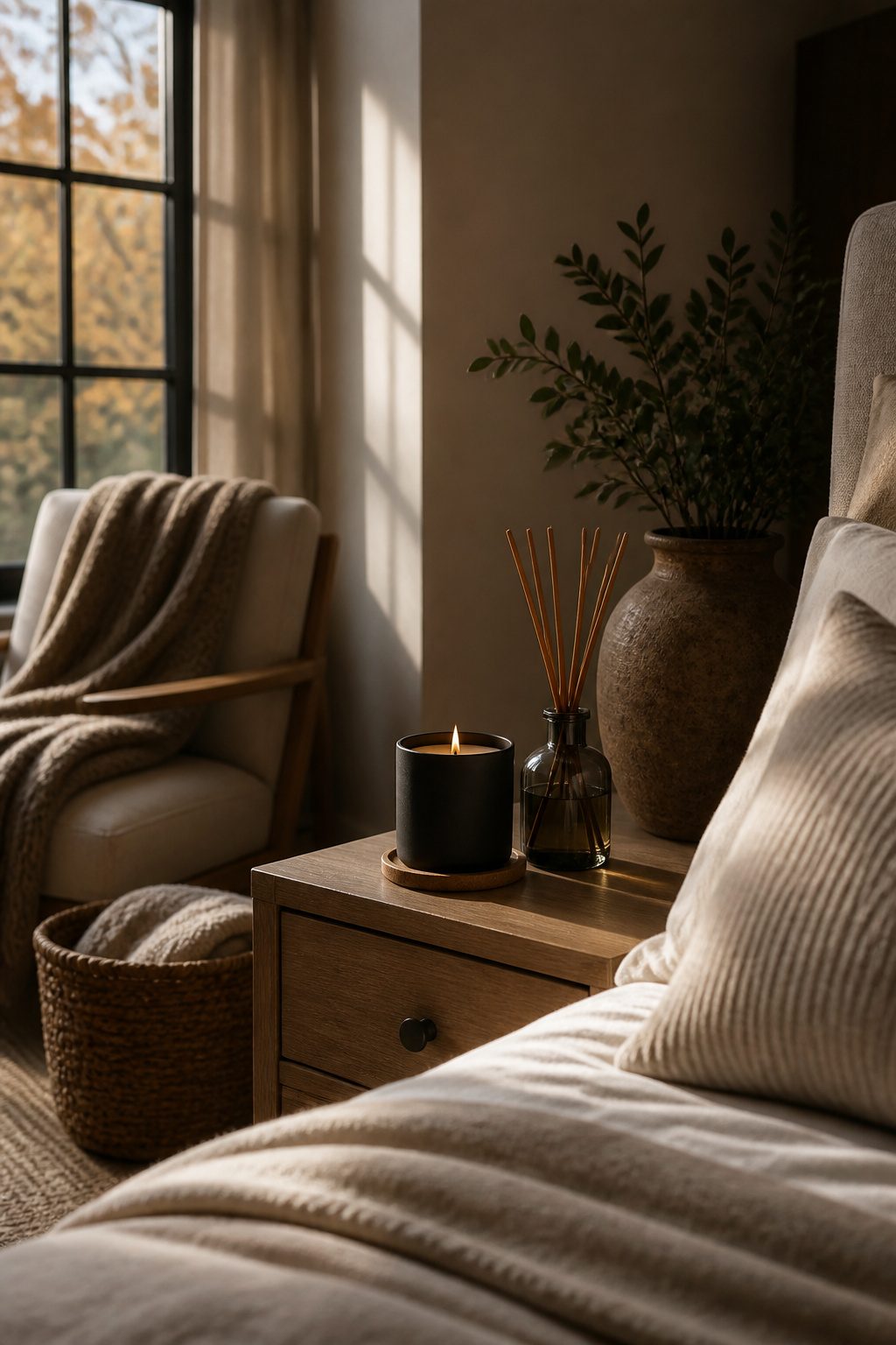 A cedarwood candle and modern diffuser on a bedside table.