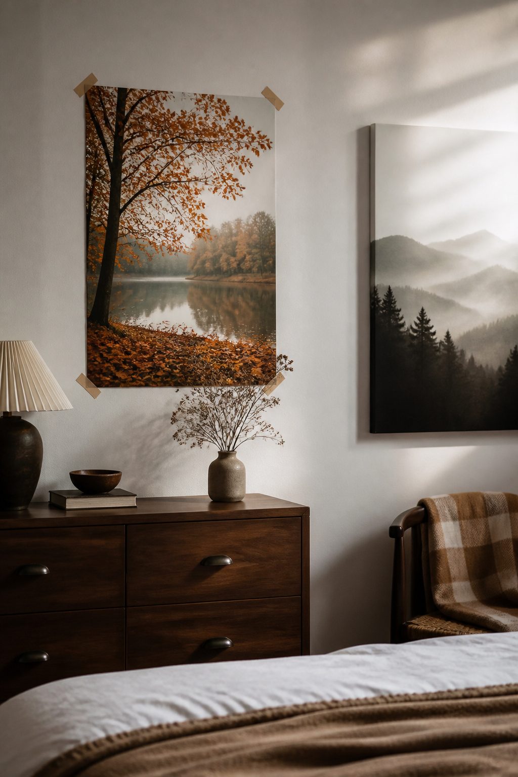 A fall-themed print on a wall above a dresser.